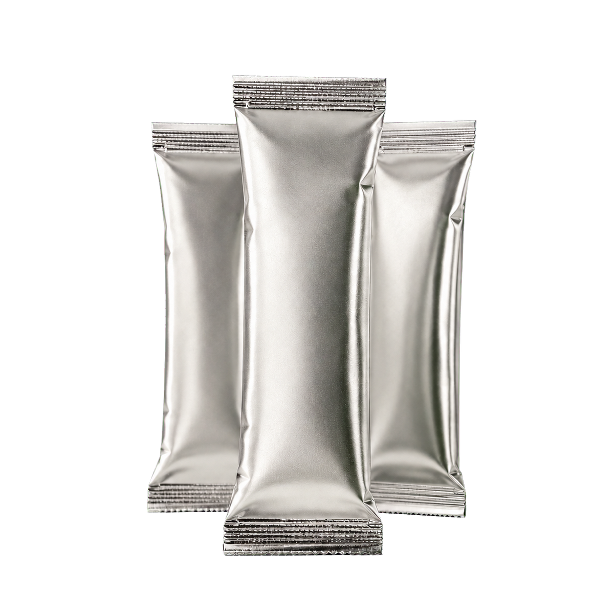 Silver 3 g single-serve private label creatine sachets on transparent background Australia