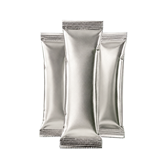 Silver 3 g single-serve private label creatine sachets on transparent background Australia